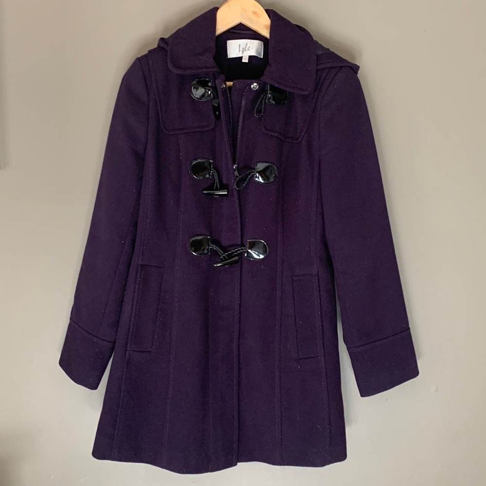 Womens winter purple pea coat with hood.  Size small/medium/UK 10